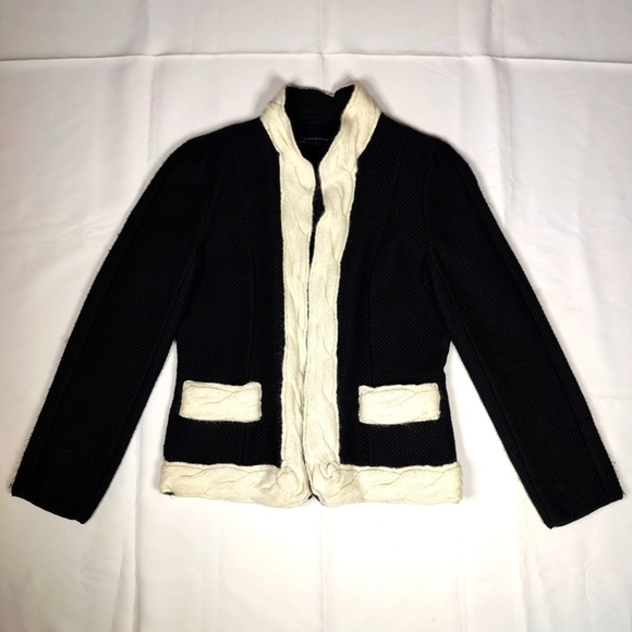 Zara Blazer Wool Blend Black Off White Cable Knit Trim Women M PreppyClassic - Picture 1 of 16